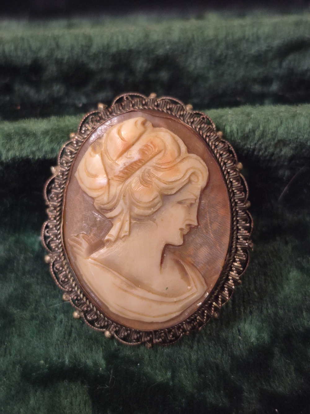 Antique 800 European Silver Cameo Portrait Brooch in Cream and Brown